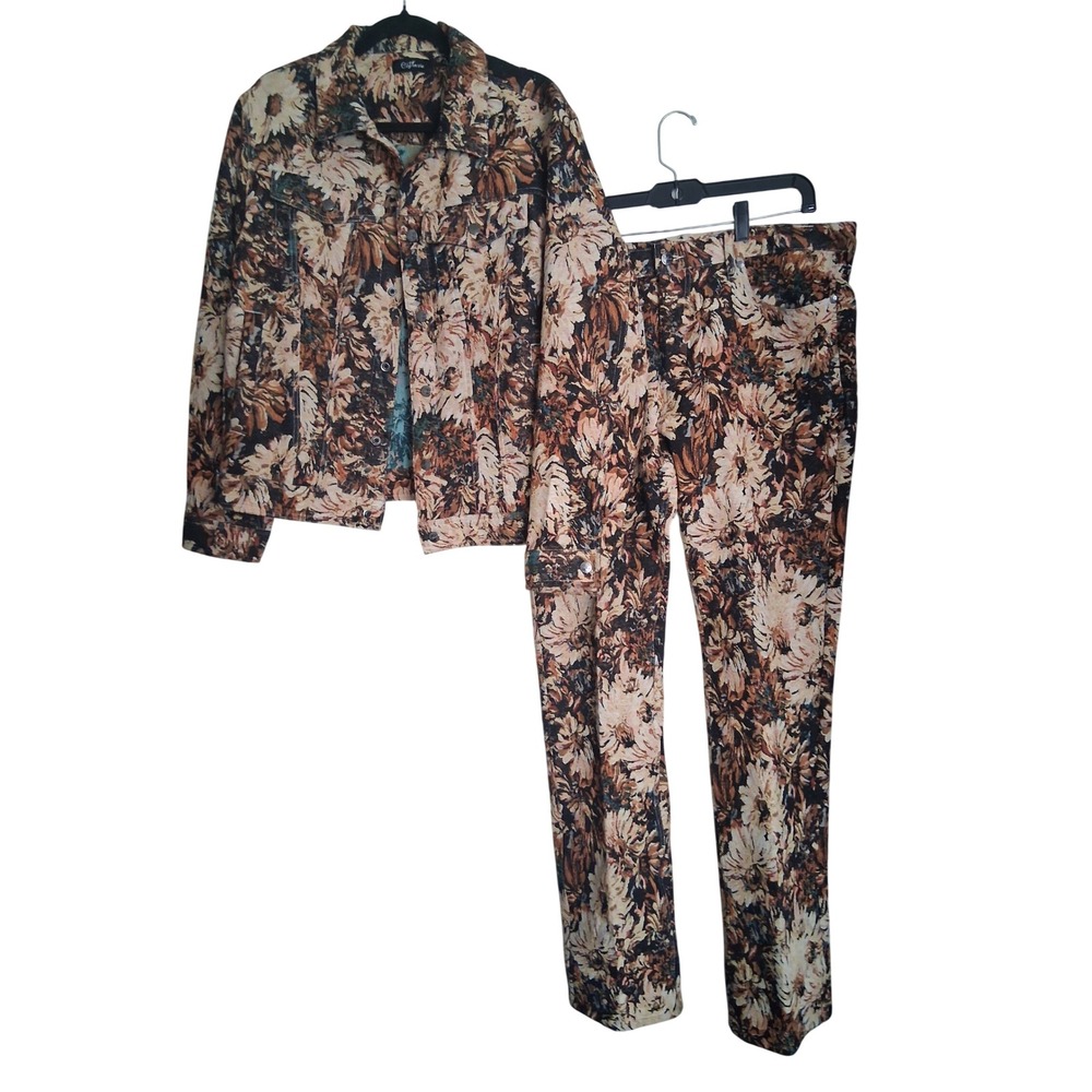 C'estlavie Men Floral Tapestry 2 Piece Set Trucker Jacket and Matching Pants L - Picture 3 of 12